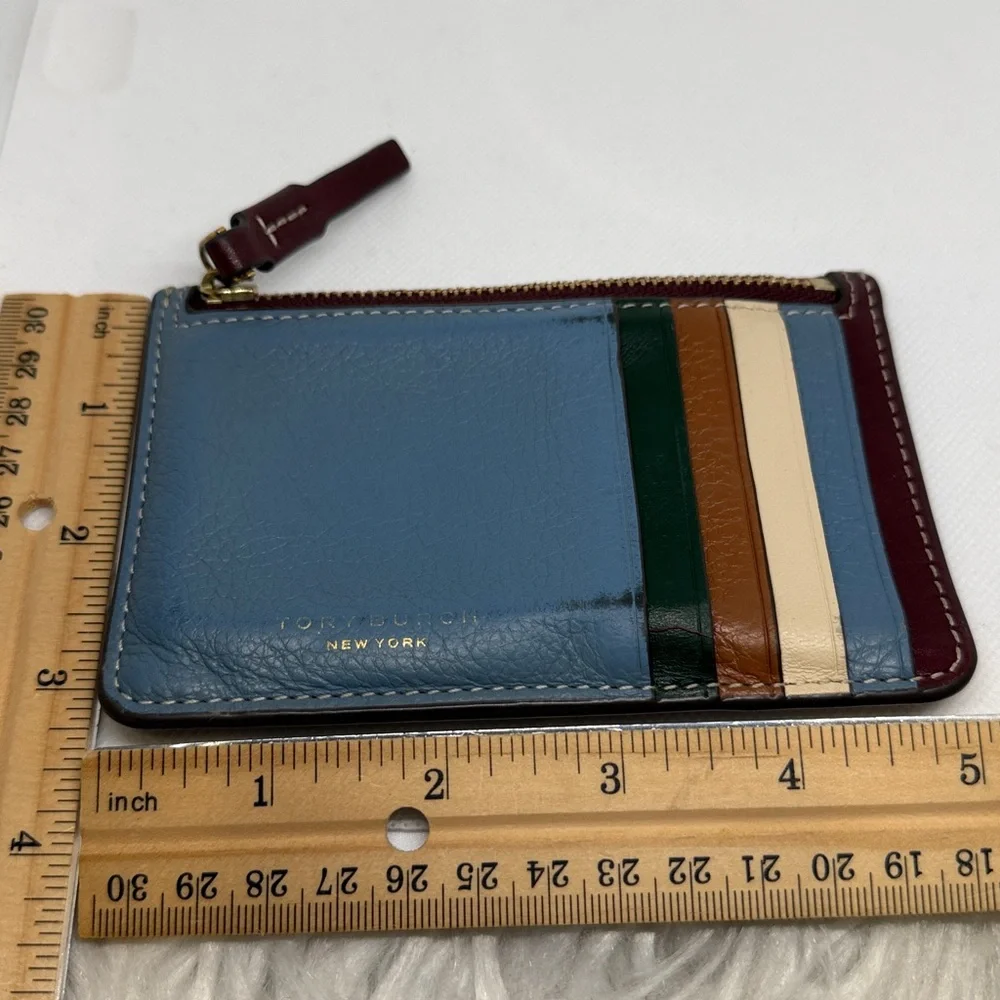 TORY Burch Perry Color Block Top-Zip Card Case Pebbled Leather